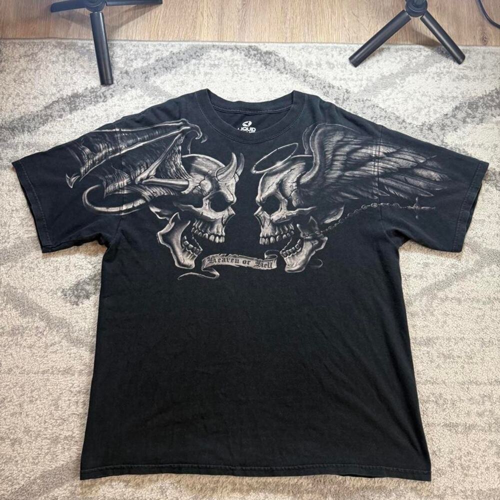 Y2K Liquid Blue Print 2007 Heaven Or Hell On Anvil Shirt Men Sz XL Skulls - Picture 2 of 5